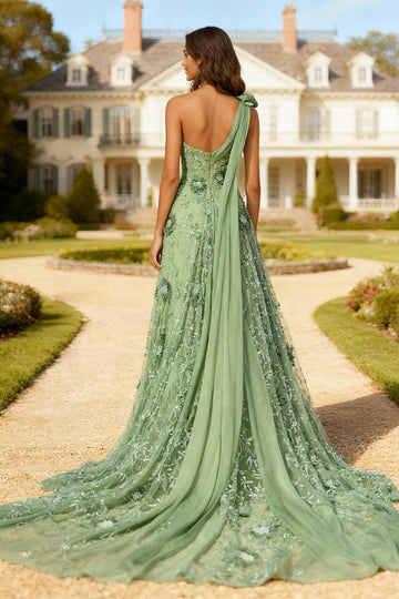 One Shoulder A Line Eucalyptus Prom Dress with Appliques